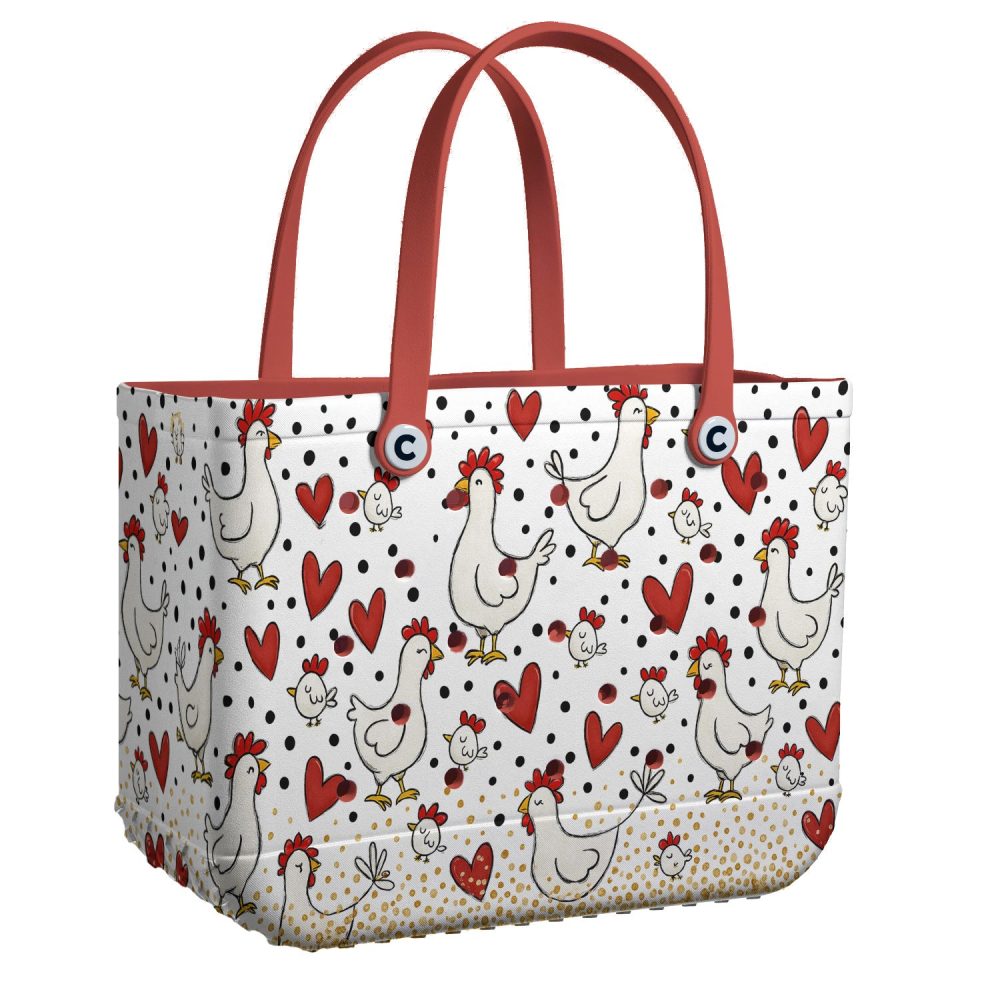 Charming Chicken & Heart Tote Bag - Stylish Farm-Themed Shopper With Red Handles