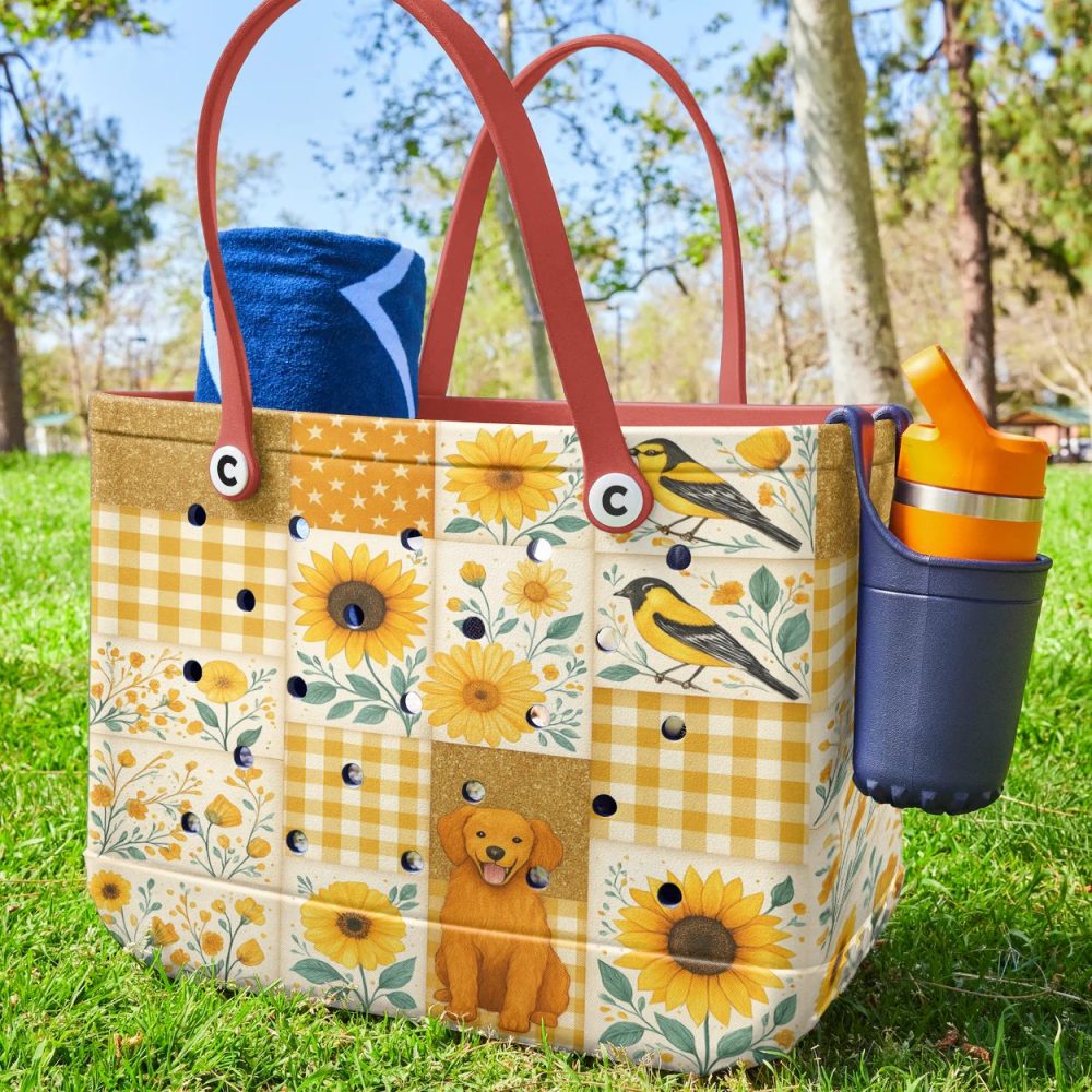 Bright Floral Patchwork Tote Bag With Cute Dog & Bird Design - Perfect For Everyday Use - Image 2