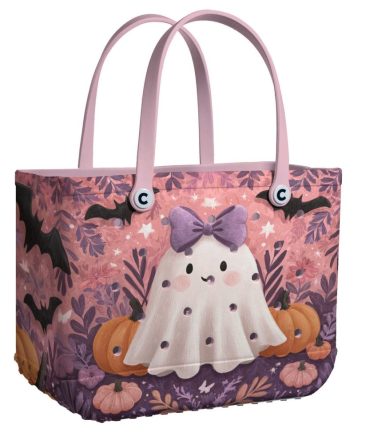 Charming Ghost Halloween Tote Bag – Cute Spooky Design With Pumpkins & Bats