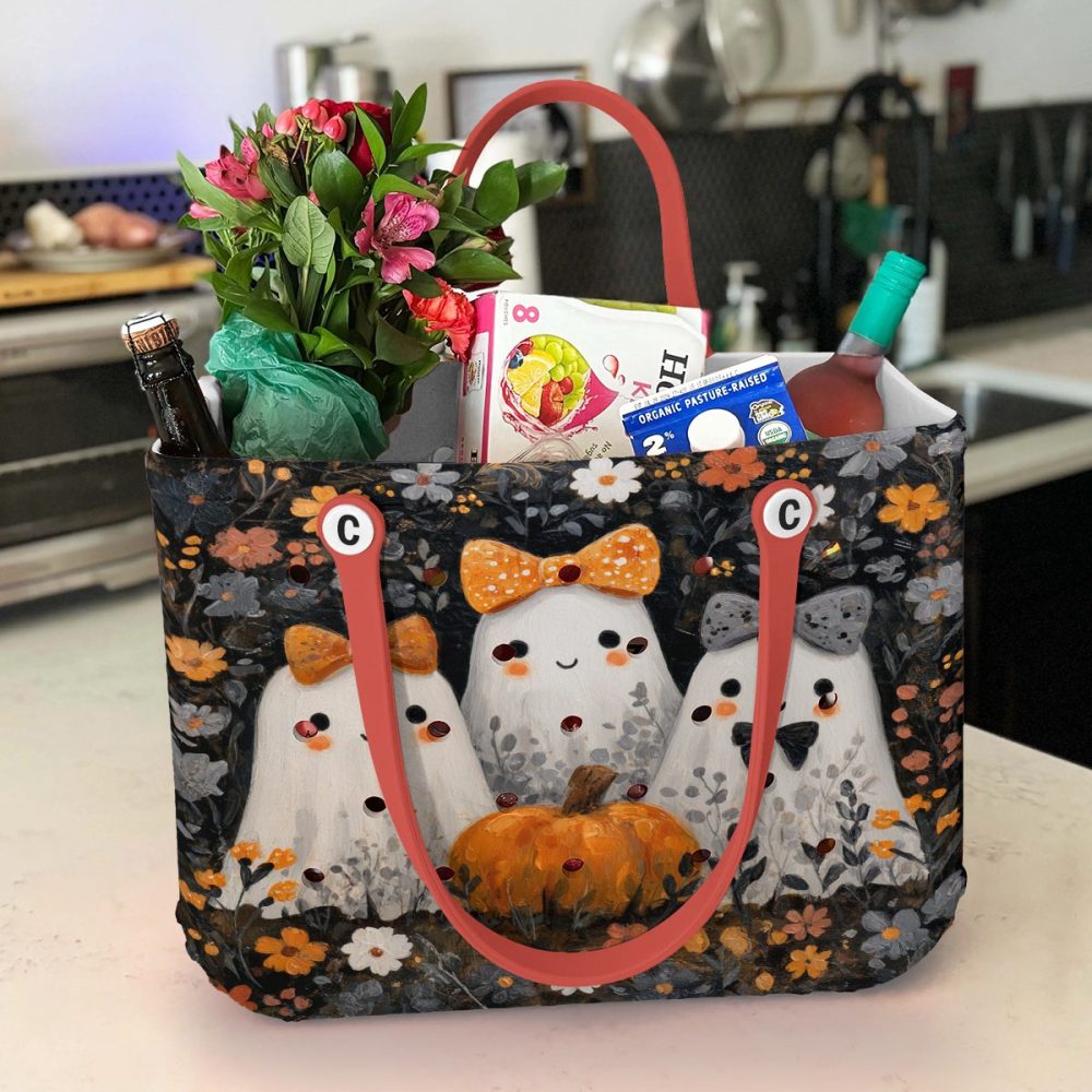 Chic Halloween Ghost Tote Bag - Floral Spooky Design With Pumpkins - Perfect For Fall Outings - Image 3