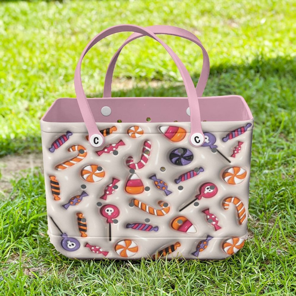 Colorful Candy-Themed Tote Bag With Pink Handles – Perfect For Shopping & Beach Trips! - Image 2