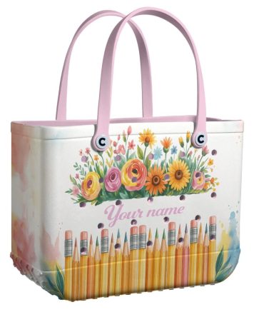 Personalized Floral Tote Bag - Custom Name Design With Vibrant Flowers & Pencils - Perfect For School & Gifts
