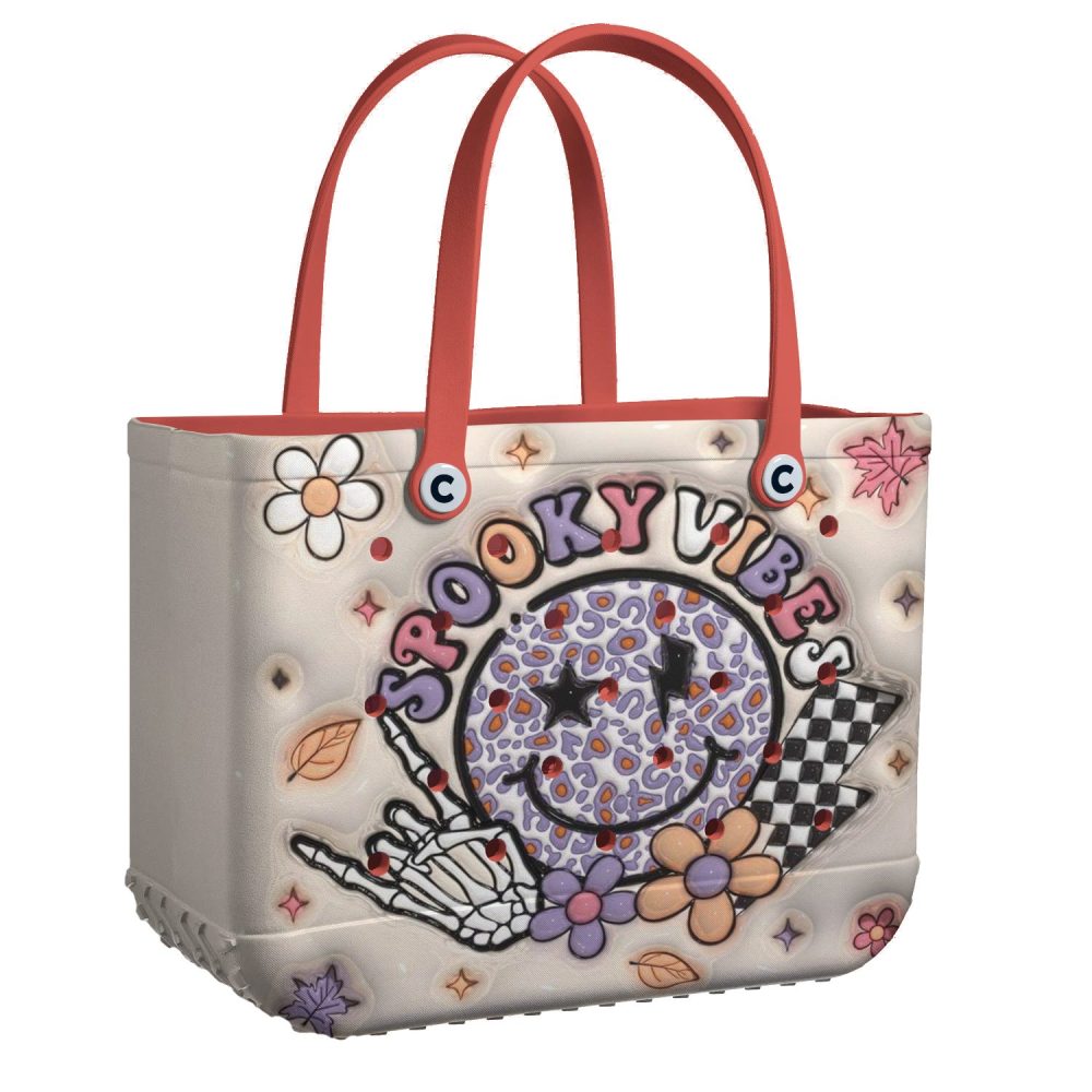 Spooky Vibes Halloween Tote Bag - Cute Skeleton & Floral Design - Perfect For Festive Outings