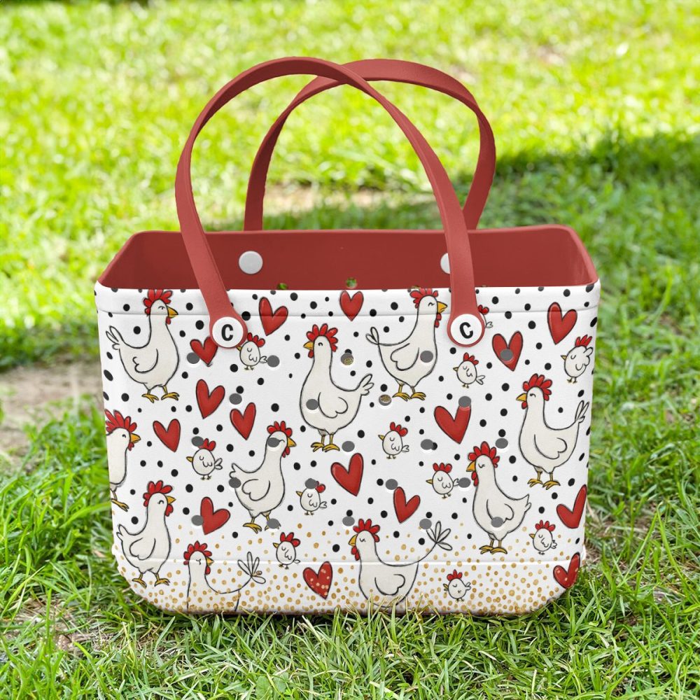 Charming Chicken & Heart Tote Bag - Stylish Farm-Themed Shopper With Red Handles - Image 2