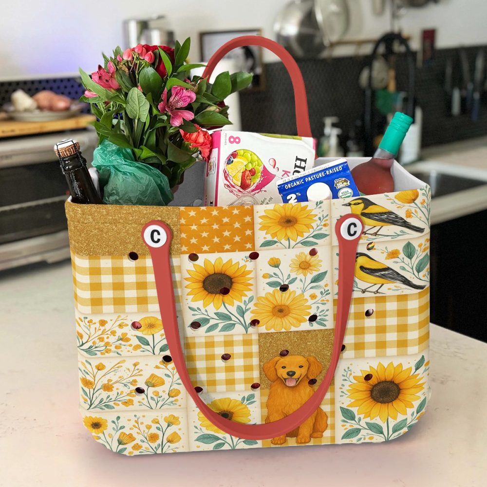 Bright Floral Patchwork Tote Bag With Cute Dog & Bird Design - Perfect For Everyday Use - Image 3