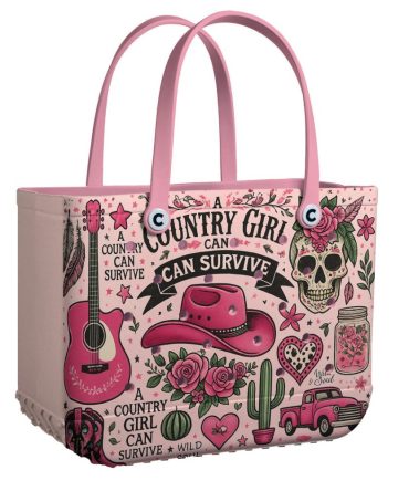 Country Girl Tote Bag - Stylish Pink Western Design With Hat & Guitar Print