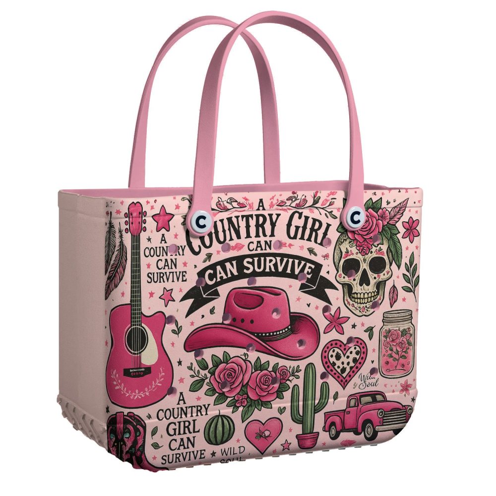 Country Girl Tote Bag - Stylish Pink Western Design With Hat & Guitar Print