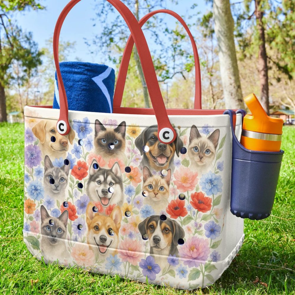 Pet Lover'S Floral Tote Bag – Cute Cat & Dog Design, Waterproof & Stylish - Image 3