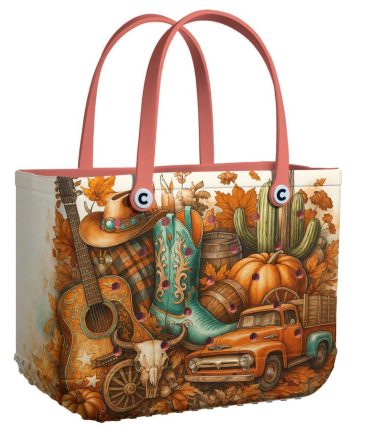 Rustic Autumn Western Tote Bag - Vibrant Country Style Handbag With Guitar & Cowboy Boot Design