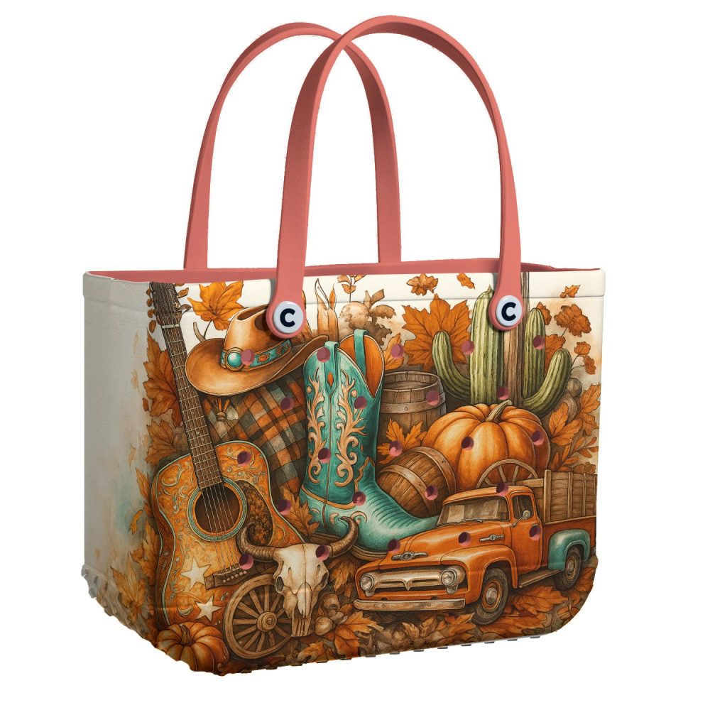 Rustic Autumn Western Tote Bag - Vibrant Country Style Handbag With Guitar & Cowboy Boot Design