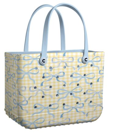 Stylish Gingham Tote Bag With Blue Bow Pattern – Perfect For Beach & Everyday Use