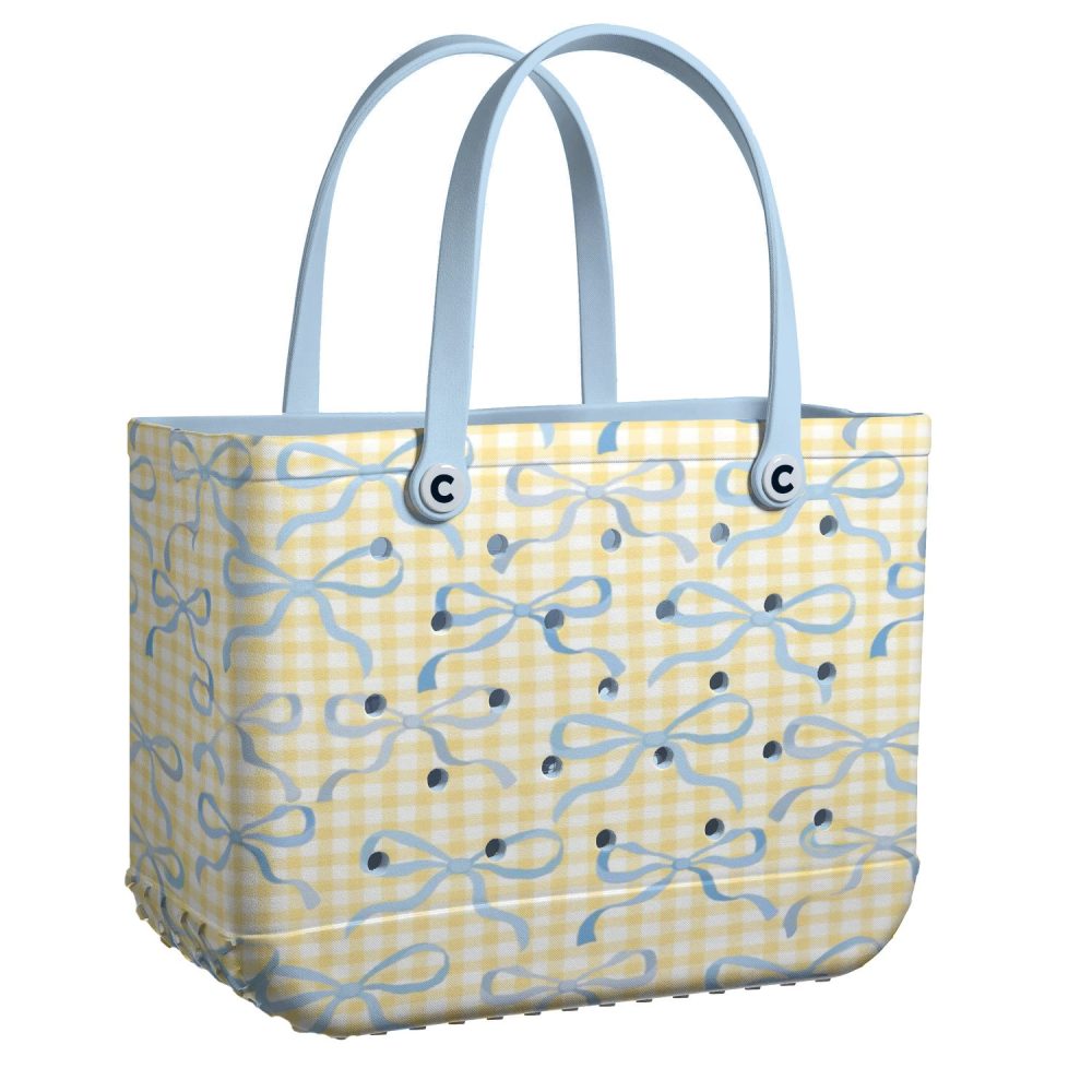 Stylish Gingham Tote Bag With Blue Bow Pattern – Perfect For Beach & Everyday Use