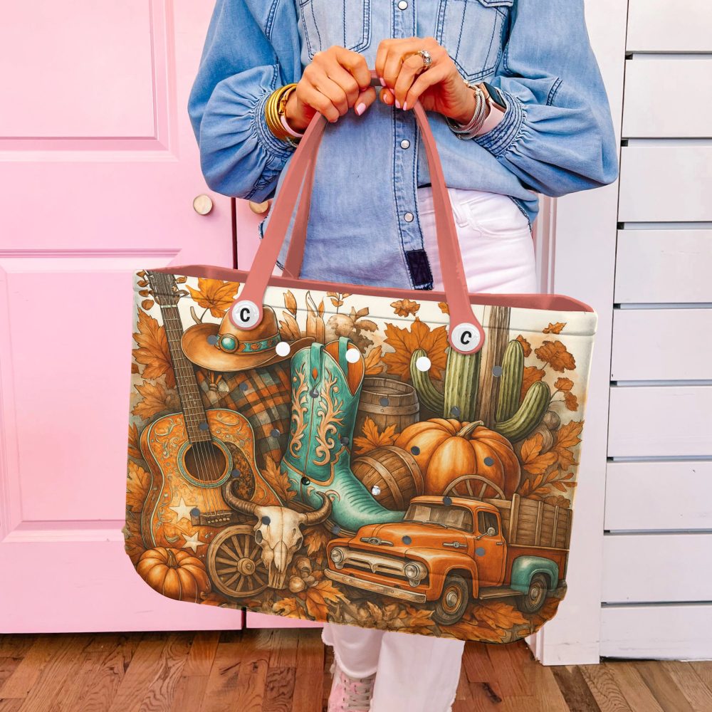 Rustic Autumn Western Tote Bag - Vibrant Country Style Handbag With Guitar & Cowboy Boot Design - Image 3