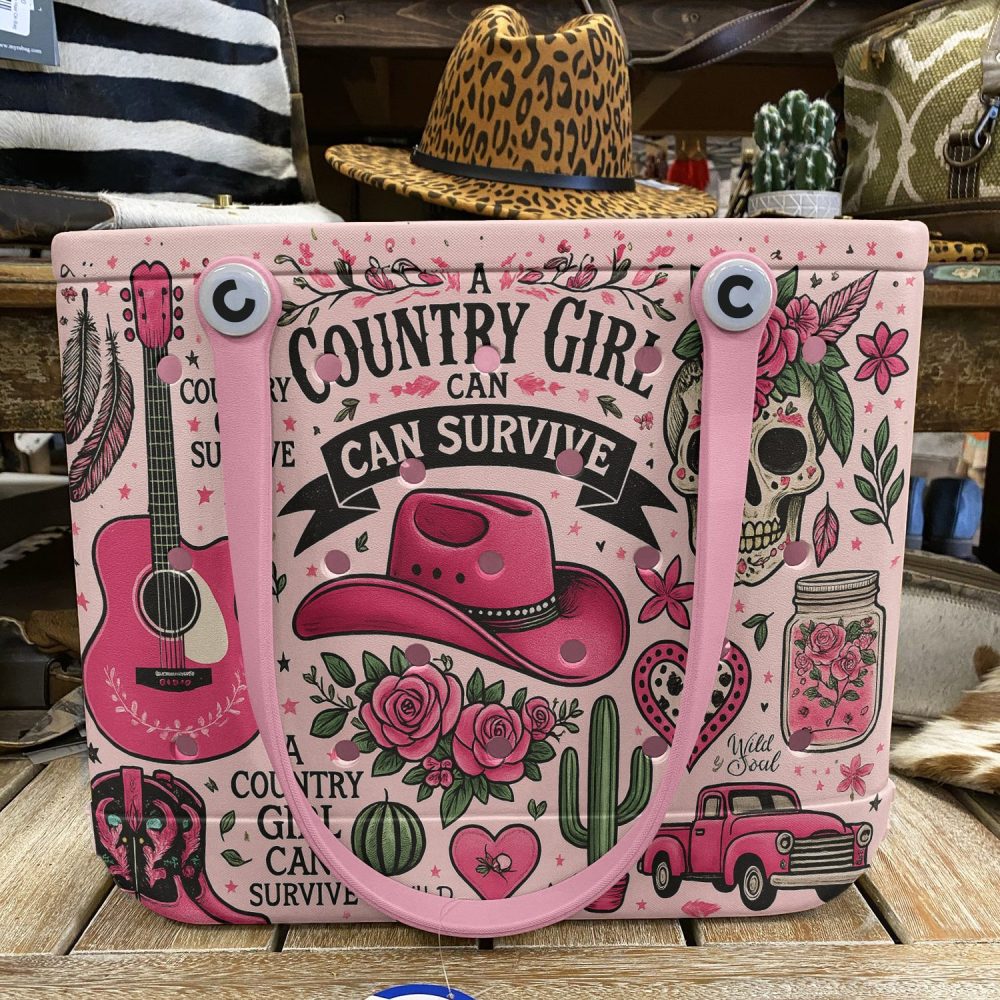 Country Girl Tote Bag - Stylish Pink Western Design With Hat & Guitar Print - Image 5