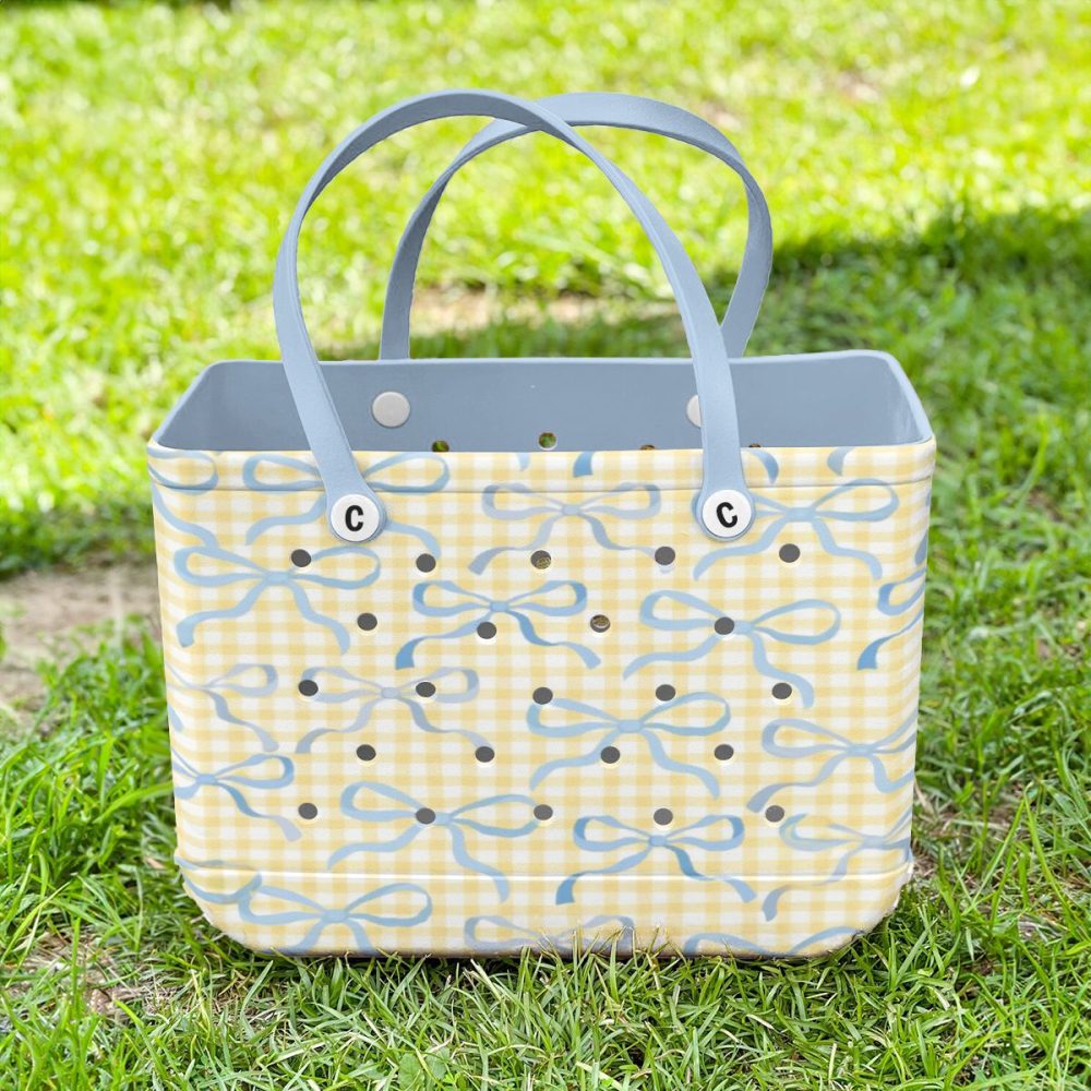 Stylish Gingham Tote Bag With Blue Bow Pattern – Perfect For Beach & Everyday Use - Image 3