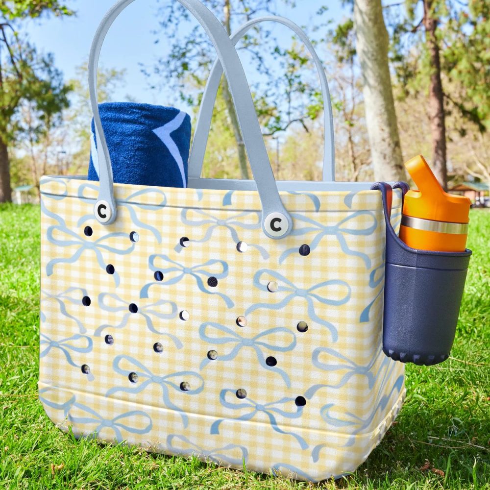 Stylish Gingham Tote Bag With Blue Bow Pattern – Perfect For Beach & Everyday Use - Image 2