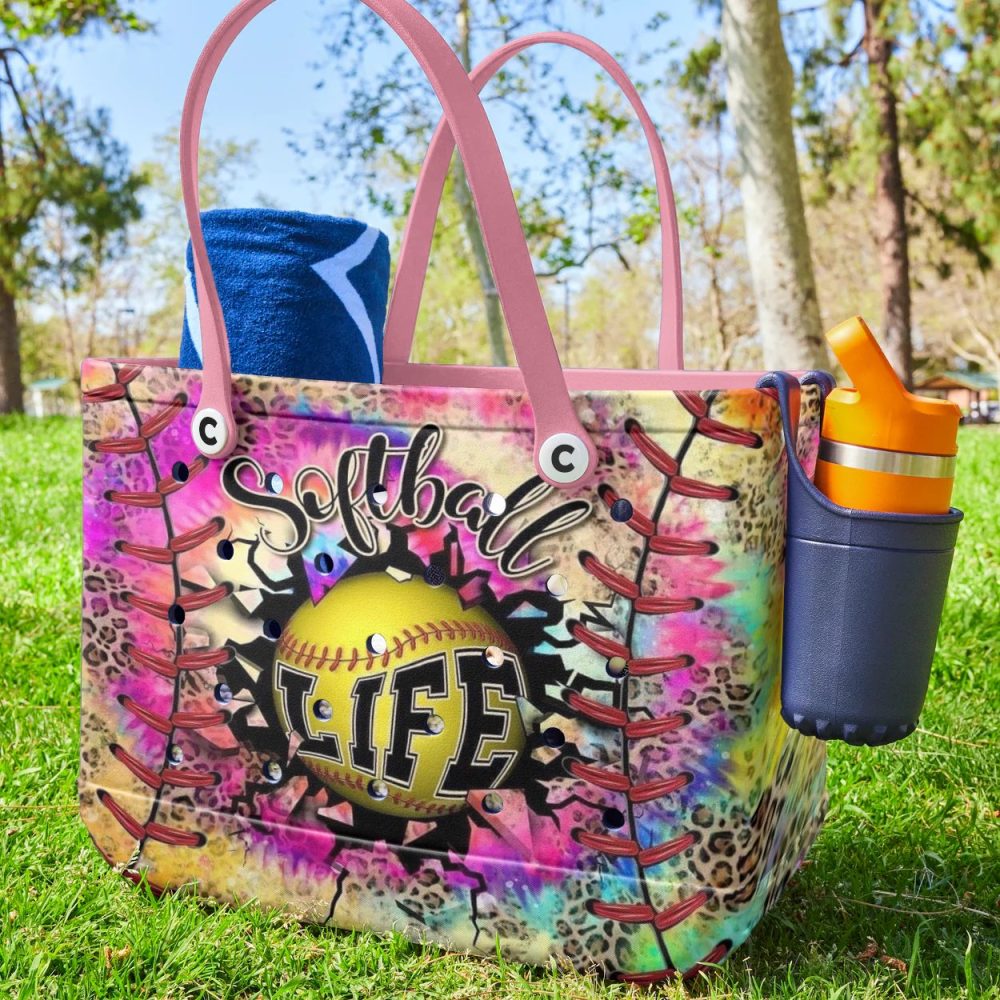 Colorful Softball Life Tote Bag – Vibrant Sports Lover'S Handbag With Pink Handles - Image 2