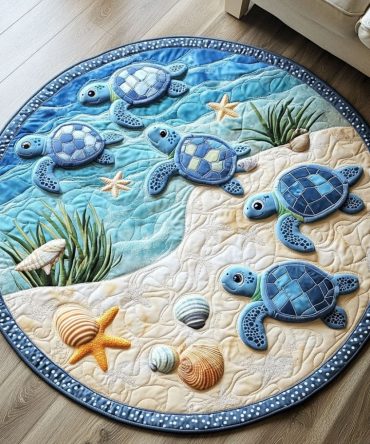 Beach Turtle Parade Quilted Round Mat