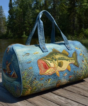 Big Catch Quilted Duffle Bag – Nautical Fishing Travel Bag with Embroidered Fish Design, Weekend Carry-On & Gym Bag