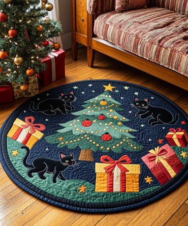 Black Cat Night Quilted Round Mat