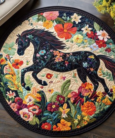 Black Horse Running Quilted Round Mat