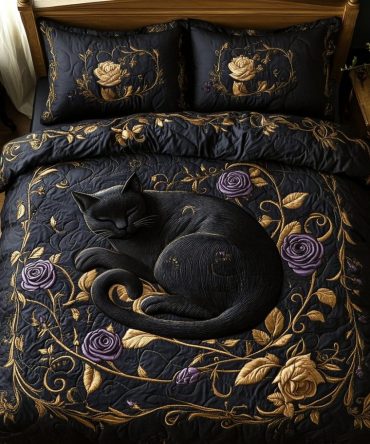 Black Rose Cat 3-Piece Quilted Bedding Set