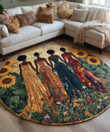 Black Women Sunflower Field Quilted Round Mat