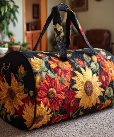 Blooming Sun Quilted Duffle Bag — Floral Boho Weekender Travel & Gym Bag, Quilted Overnight Carry-On with Sunburst Flower Design