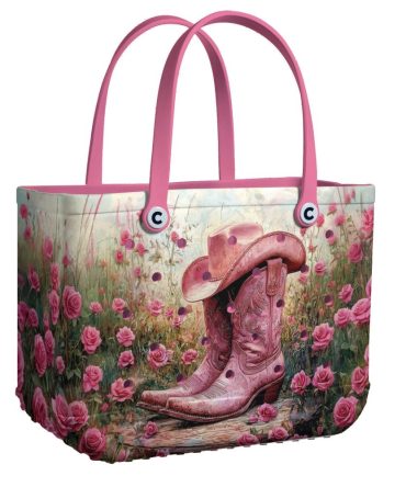 Chic Pink Western Tote Bag With Cowboy Boots & Roses – Perfect For Country Style Lovers