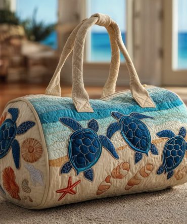 Blue Turtle Quilted Duffle Bag — Nautical Sea Turtle Print Weekender & Gym Travel Carry-On Overnight Bag