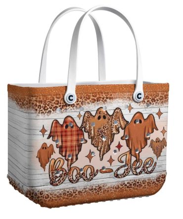 Trendy Boo-Jee Ghost Tote Bag - Chic Halloween Style With Leopard & Plaid Print - Perfect Fall Accessory