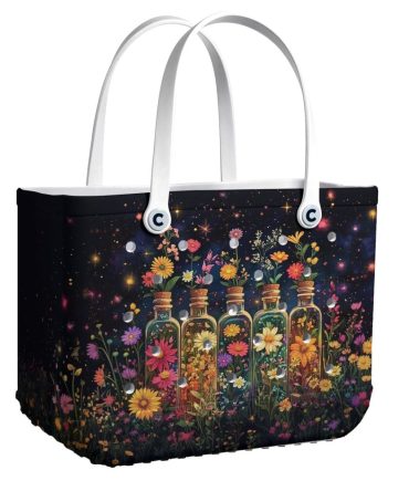 Enchanting Floral Tote Bag With Cosmic Night Sky Design – Perfect For Stylish Outings