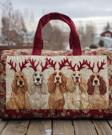 Bouncy Spaniel Quilted Duffle Bag — Cute Dog Weekender Travel & Gym Bag, Quilted Puppy Print Carry-On