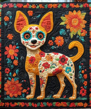 Chihuahua Dia De Los Muertos Quilted Blanket