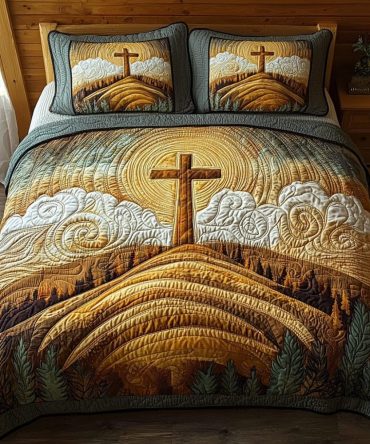 Christian Cross Sunrise 3-Piece Quilted Bedding Set