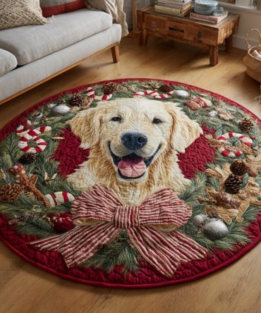 Christmas Golden Retriever Quilted Round Mat