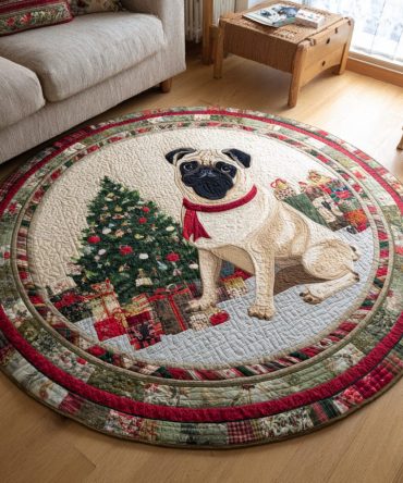 Christmas Pug Scene Quilted Round Mat
