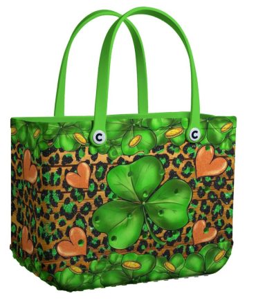 Eco-Friendly Lucky Clover Tote Bag – Green Leopard Design, Perfect For St. Patrick’S Day!