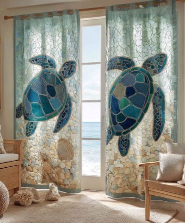 Coastal Twin Turtles Quilted Curtains