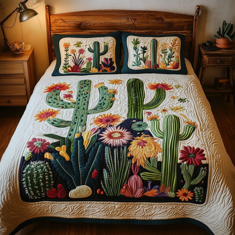 Colorful Cactus 3-Piece Quilted Bedding Set