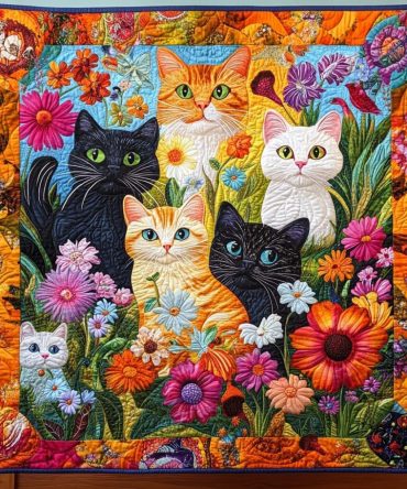 Colorful Cat Peeking Quilted Blanket