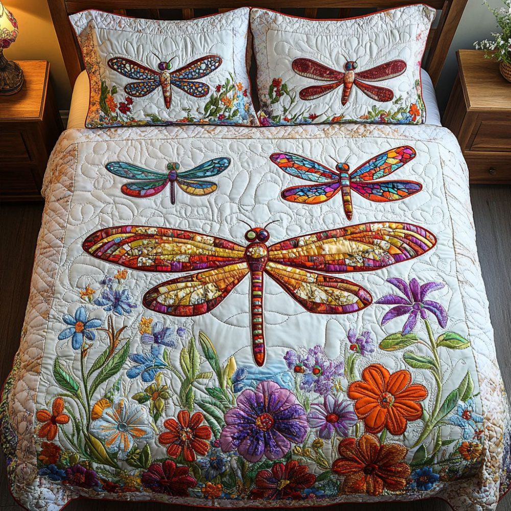 Colorful Dragonfly 3-Piece Quilted Bedding Set
