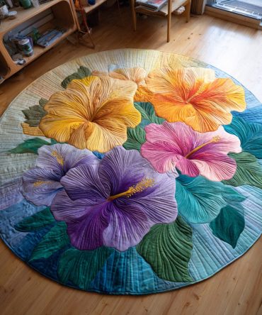 Colorful Hibiscus Quilted Round Mat