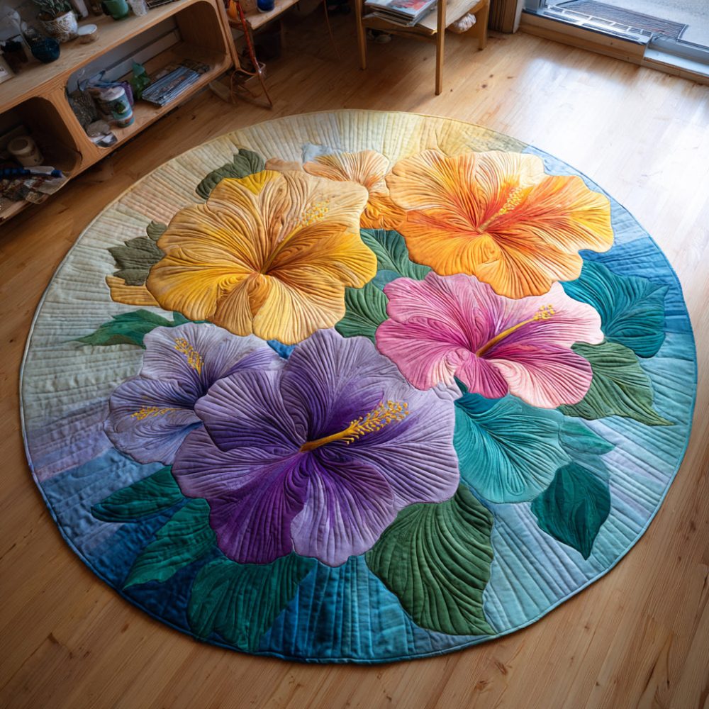 Colorful Hibiscus Quilted Round Mat