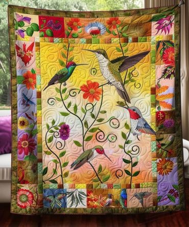 Colorful Hummingbird Quilted Blanket