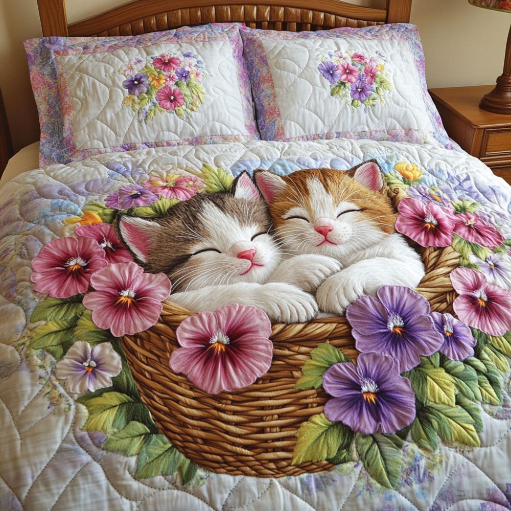 Colorful Kittens 3-Piece Quilted Bedding Set
