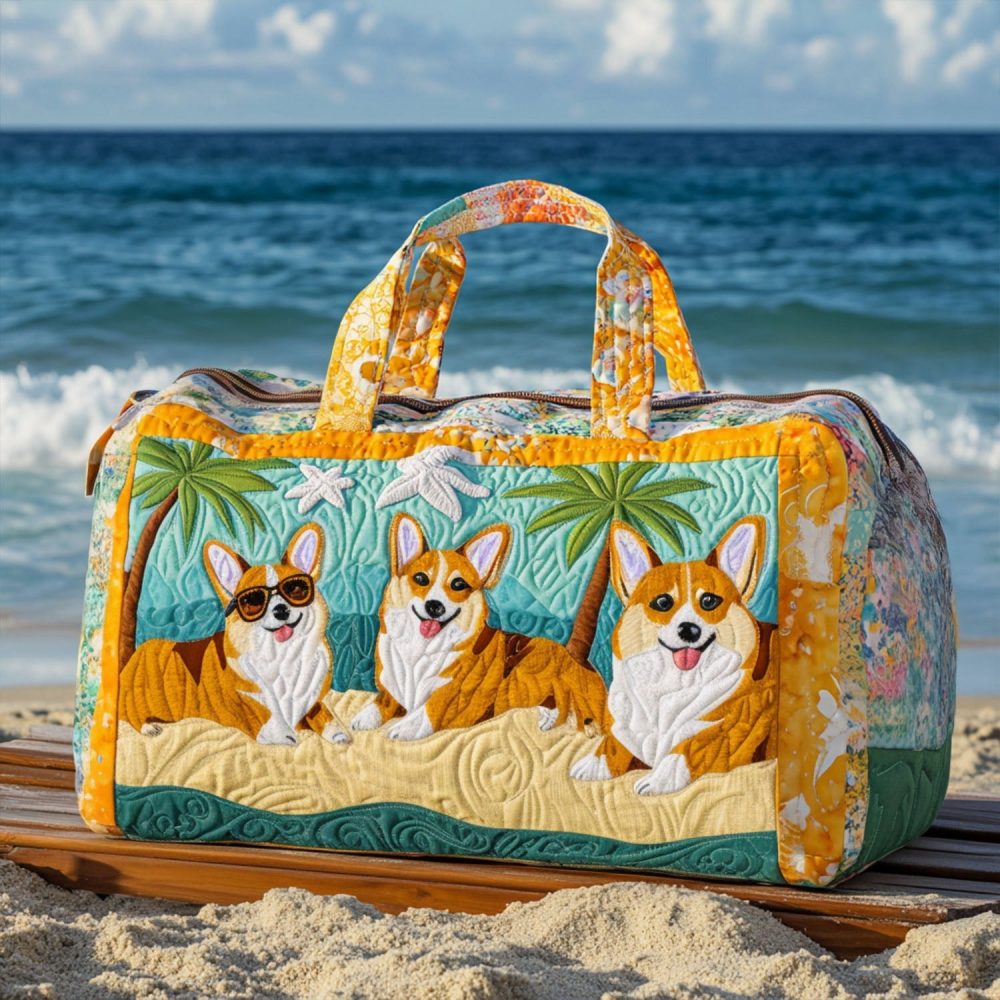 Corgi In The Beach Quilted Duffle Bag - Cute Pet Travel Bag for Beach Lovers