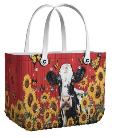 Chic Cow & Sunflower Tote Bag With Butterflies - Perfect For Shopping & Beach Days!