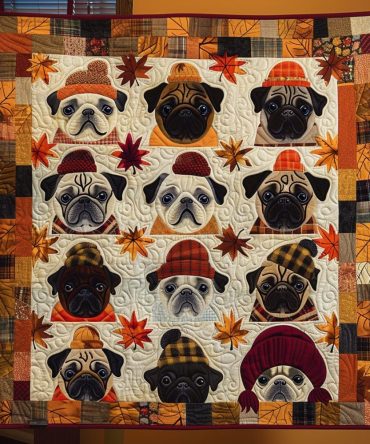 Cozy Pug Gathering Quilted Blanket