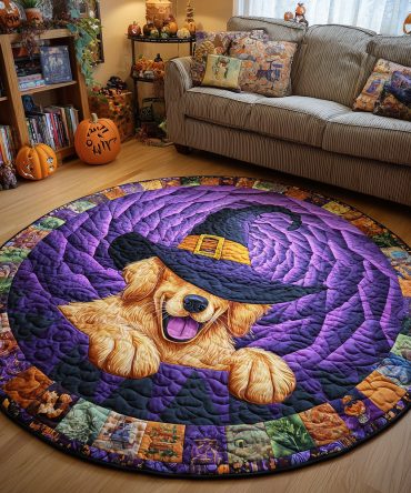 Creepy Golden Retriever Quilted Round Mat